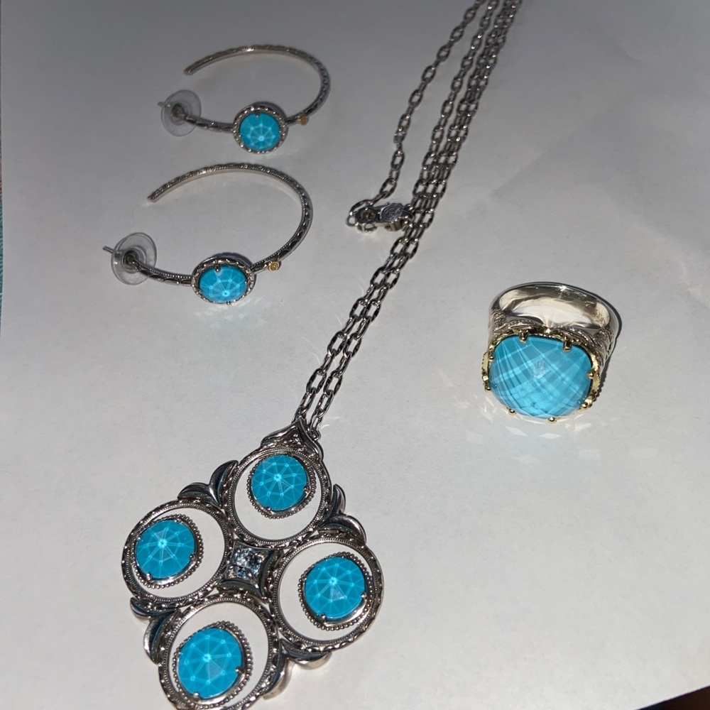 Tacori island rains sterling turquoise neolite set. Necklace, earrings and ring
